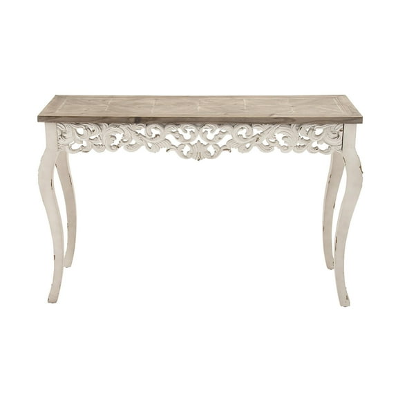 DecMode 46" x 30" White Wood Intricately Carved Scroll Console Table with Brown Wood Top, 1-Piece