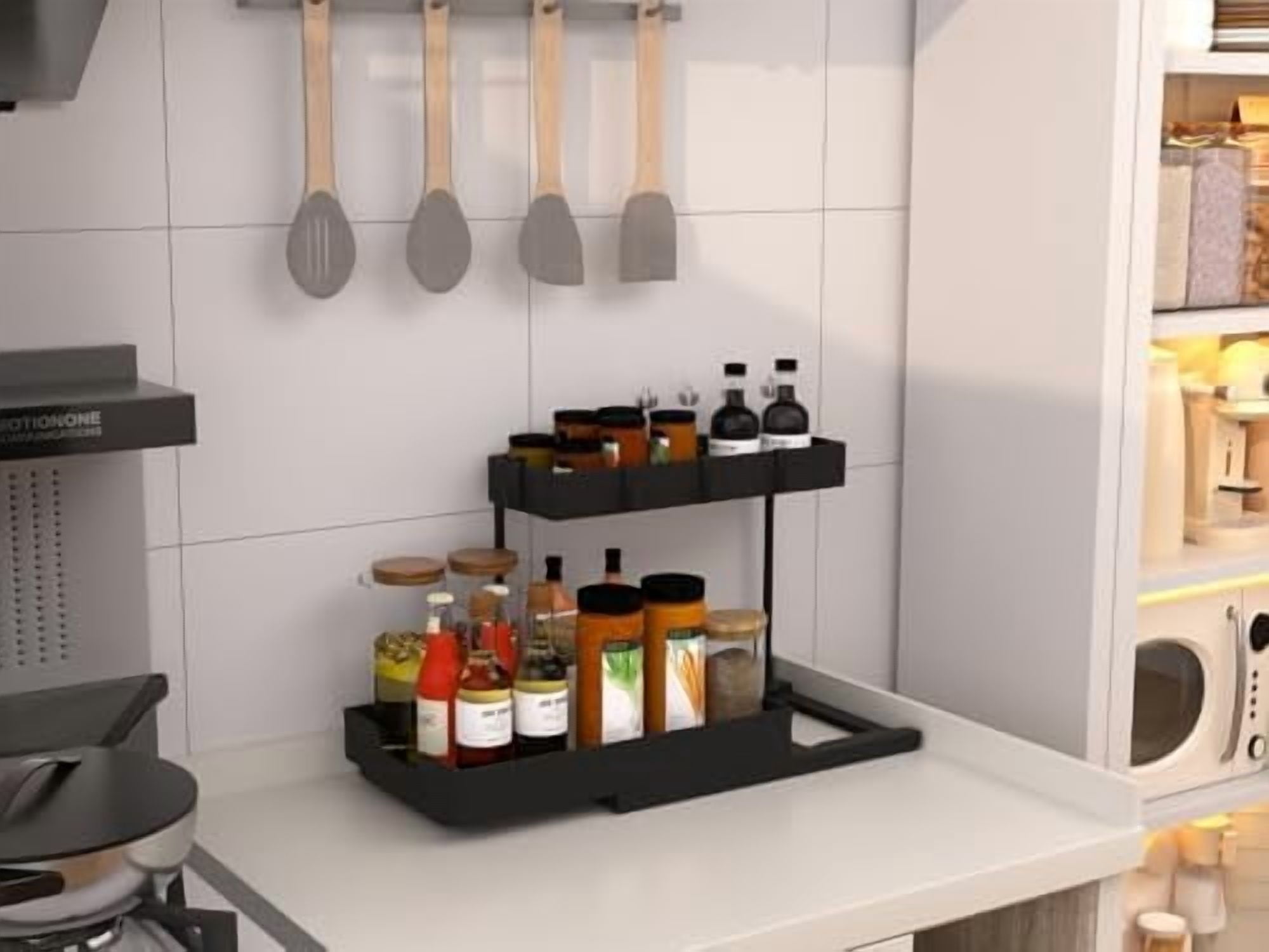 2 Pack Under Sink Organizer 2 Tier Sliding Cabinet Organizers Multi-Purpose Sink Storage Basket L-Shape Narrow Space Storage Shelves with 4 Hook for Kitchen Bathroom Drawer, Black