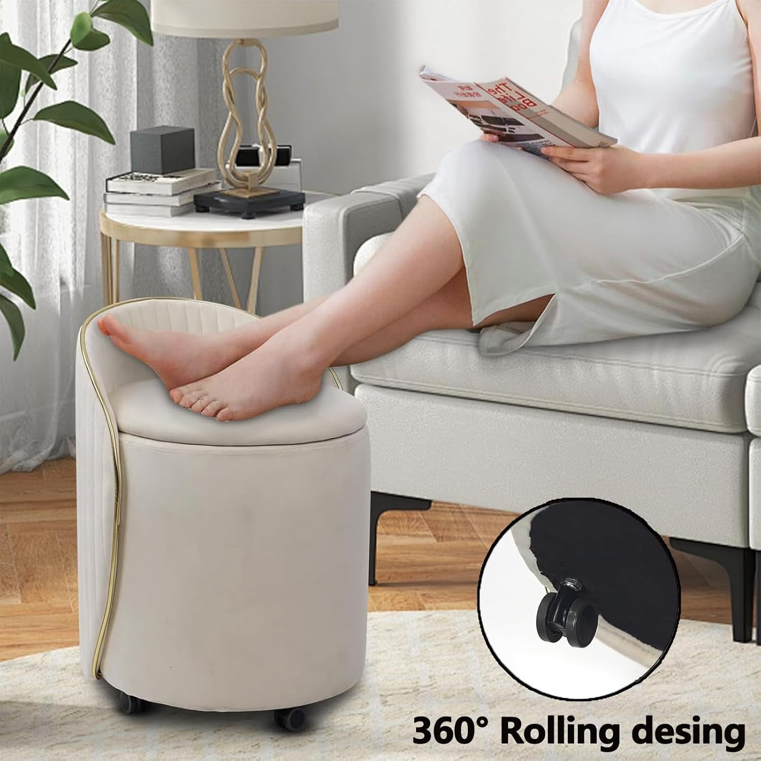 Round Storage Ottoman, Upholstered Velvet Vanity Stool with Lumbar Support, Swivel Rolling Wheels, Small Foot Stools Coffee Table Padded Seat for Makeup Room, Living Room, Bedroom Beige