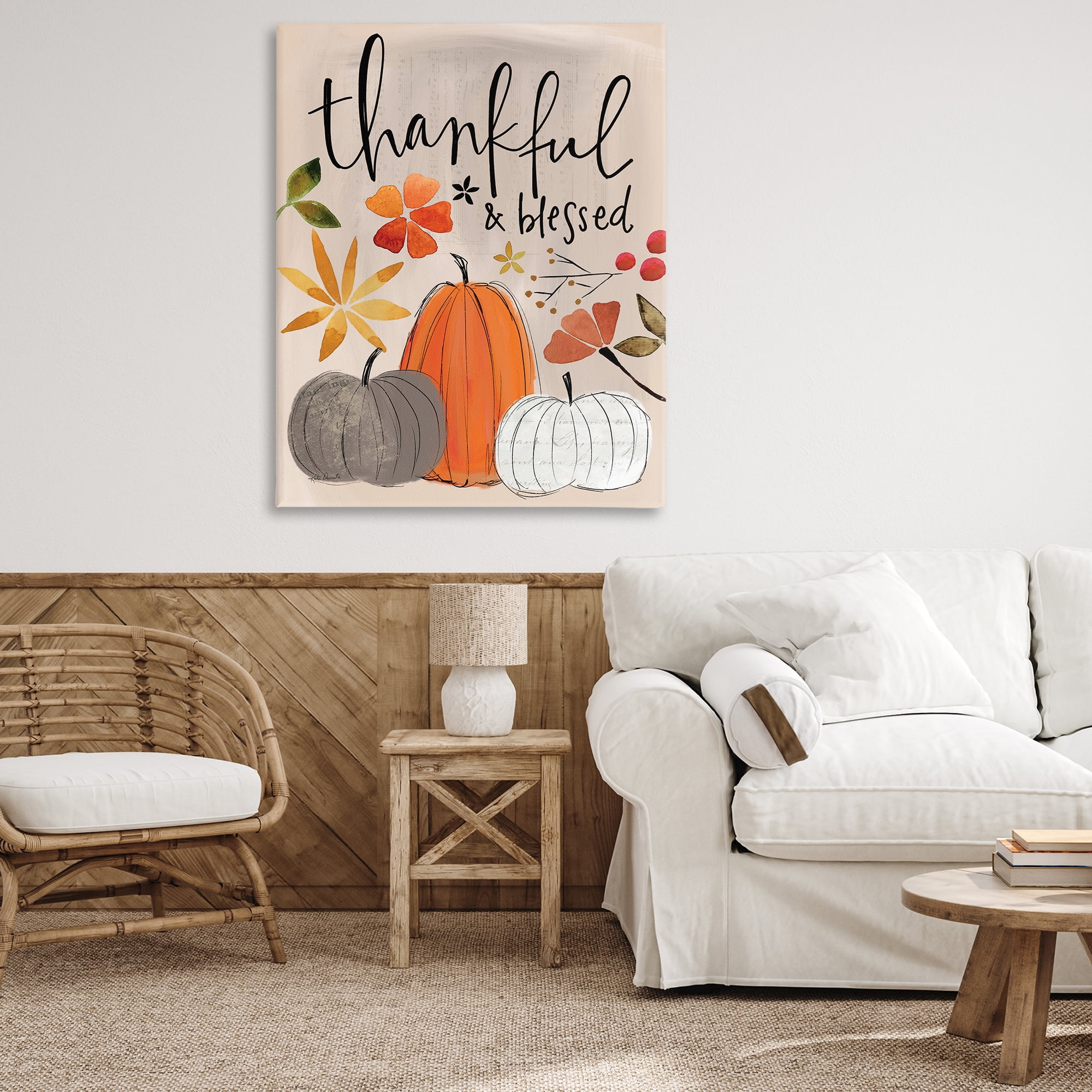 Stupell Industries Thankful & Blessed Pumpkins Botanical & Floral Painting Gallery Wrapped Canvas Art Print Wall Art, 36 x 48