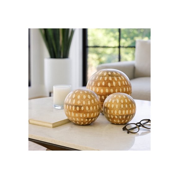 Home and Office Ornaments for Living Room Decor - Handcrafted Wooden Spheres with Dot Pattern - Rustic Sculpture for Shelf, Office, Coffee Table, and Bathroom Decor Set of 3 - 8", 6", 5" Brown