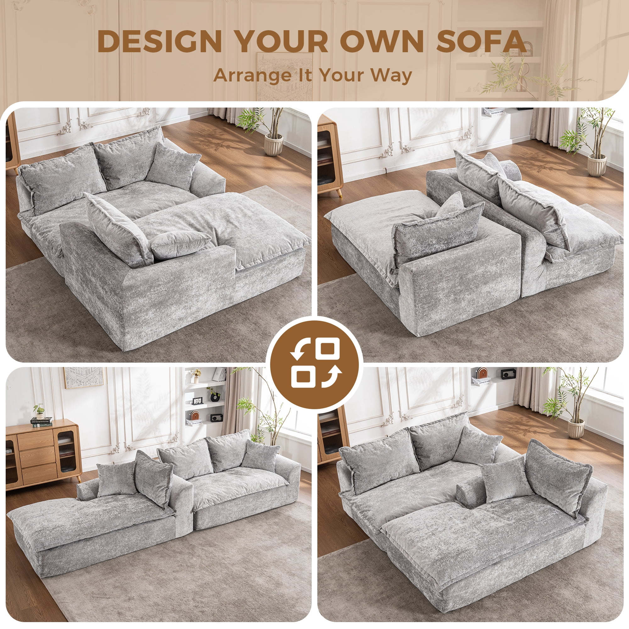 LEHZROAJ 103" Chenille Compressed Sofa,L Shaped Sectional Couch Pillows No Assembly Required for Living Room(Gray,Left)