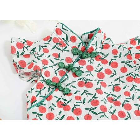 

nsendm Kids Toddler Baby Girls Ruffled Sleeve Cartoon Print Patchwork Cheongsam Princess Girls Summer Dresses Size 6 Dress Watermelon Red 18-24 Months