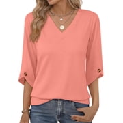 MOSHU V Neck Tops for Women 3/4 Length Sleeve Women Tops Casual Dressy Women Blouses Trendy Tunic Tops