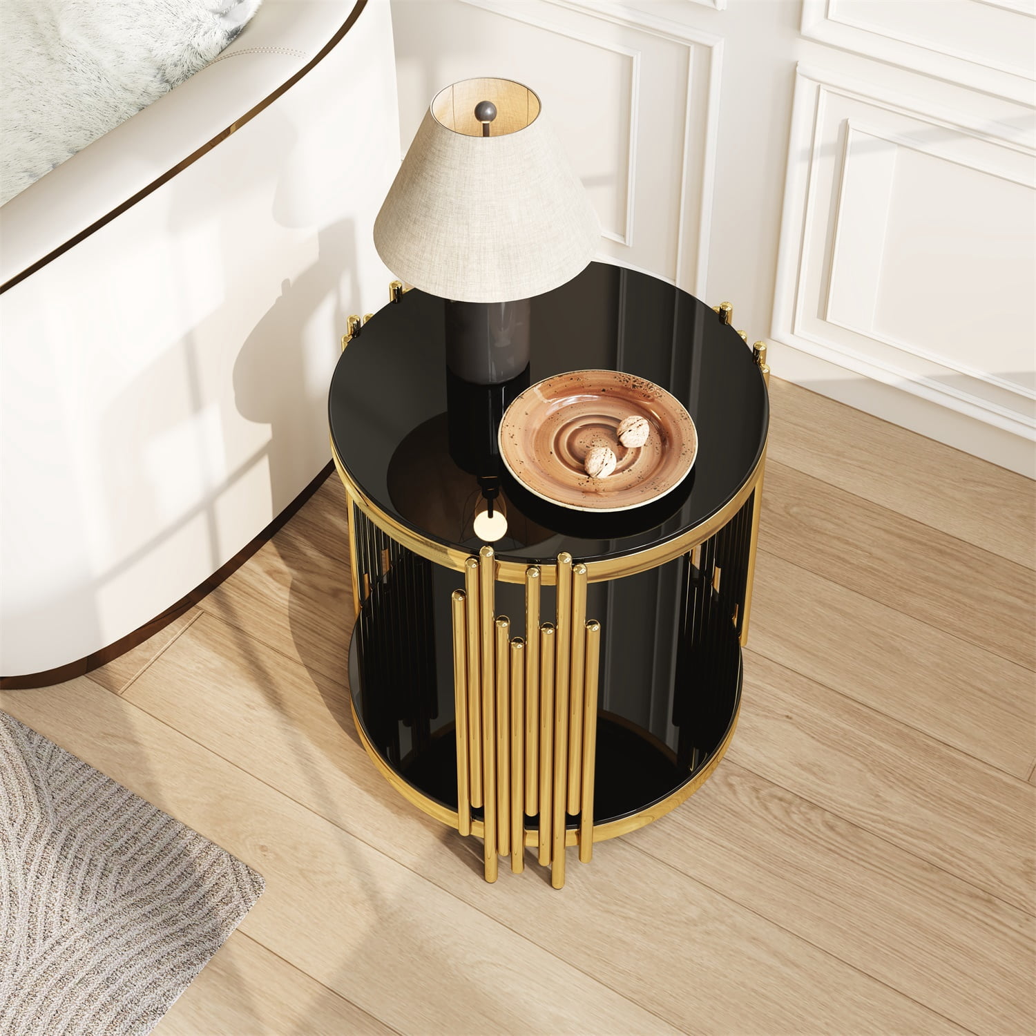 Hommoo 19.7 Inch Round and 2-Tier Glass End Table, Modern Luxury Tempered Glass Side Table with Stainless Steel Legs for Living Room, Bedroom & Home Office, Black & Gold