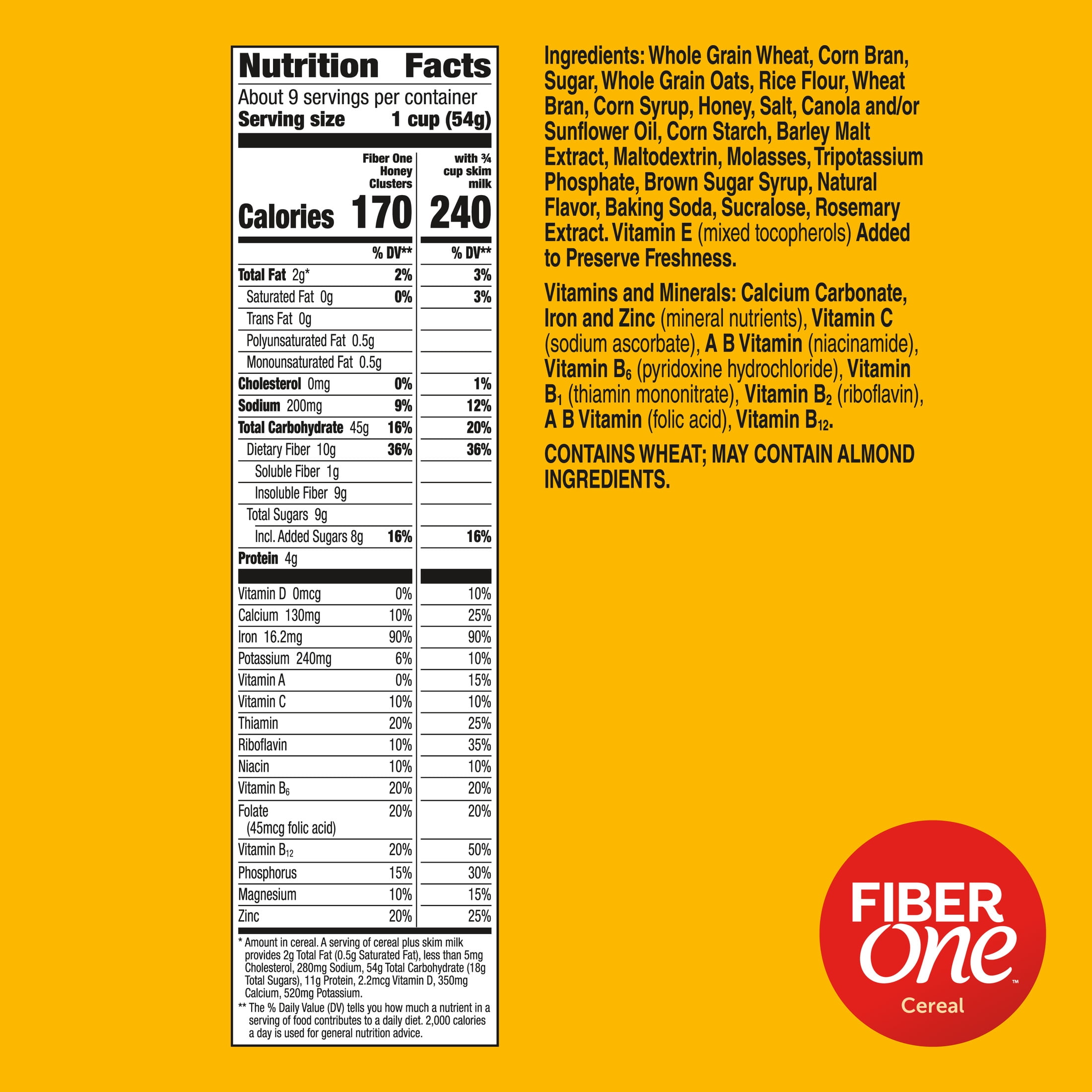 Fiber One Honey Clusters Breakfast Cereal, Fiber Cereal Made with Whole Grain, 17.5 oz