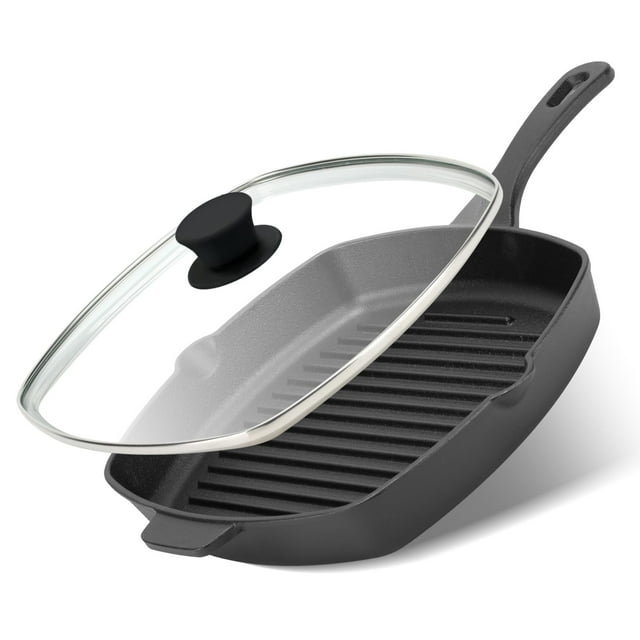 Sartén cuadrada de hierro fundido de 10.5 pulgadas con tapa de vidrio templado para estufas