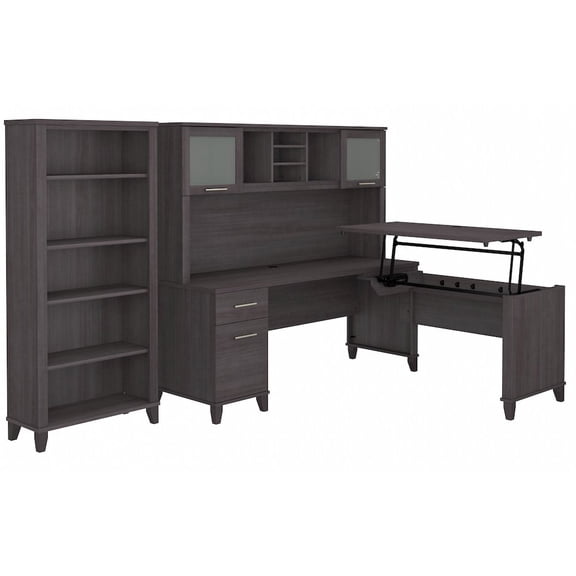 Bush Home Somerset 72W 3 Position Sit to Stand L Shaped Desk with Hutch and Bookcase
