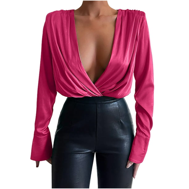 XZNGL Fashion Women Casual Solid Sexy Deep V-Neck Shoulder Pads
