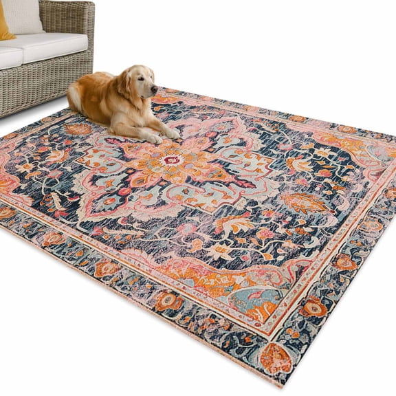 Outdoor Rug 3x5 ft Orange Boho Floral Waterproof Outdoor Patio Rug Mat Non Slip Outside Area Rugs Carpet for RV,Camping,Porch,Deck,Pool,Balconybackyard,Medieval Vintage Texture