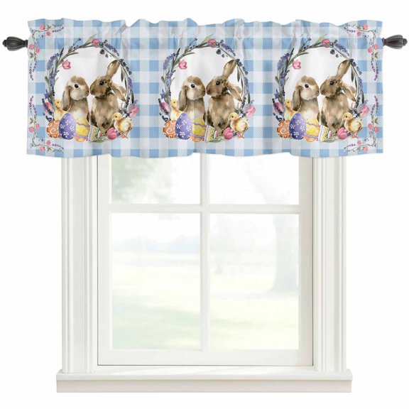 Easter Bunny Rod Pocket Curtain Valance, Spring Easter Eggs Chick Floral Blue Check Farmhouse Window Valance for Living Room, Bedroom, Kitchen 42"W x 18"L