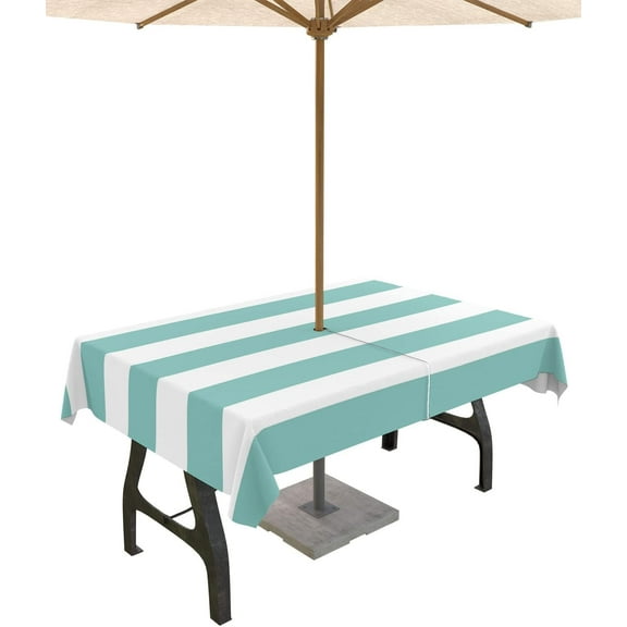 Outdoor Tablecloth with Umbrella Hole and Zipper Classical Stripe Rectangle Tablecloths 60x84 Waterproof Outside Table Cloths Teal Blue Patio Table Cover for Outdoor Tables Picnic Garden Party