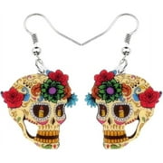 Sugar Skull Earring Earrings Acrylic Dia De Los Muertos Goth Dangle Goth Gothic Mexican Spanish Flower Design