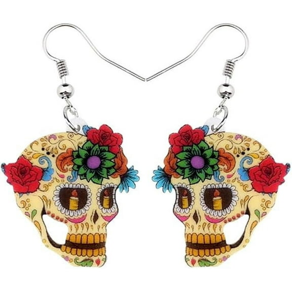 Sugar Skull Earring Earrings Acrylic Dia De Los Muertos Goth Dangle Goth Gothic Mexican Spanish Flower Design