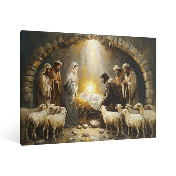 Vintage Jesus Nativity Scene Canvas Wall Art Paint Framed , Christian Watercolor Jesus Wall Art Decor,Christmas Wall Religious Artwork for Home Living Room,Bedroom Wall Decor
