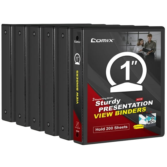 Comix 1 inch 3-Ring-Binder Presentation View Binders, Holds 200 Sheets Paper, 6 Pack Black 2mm-thick