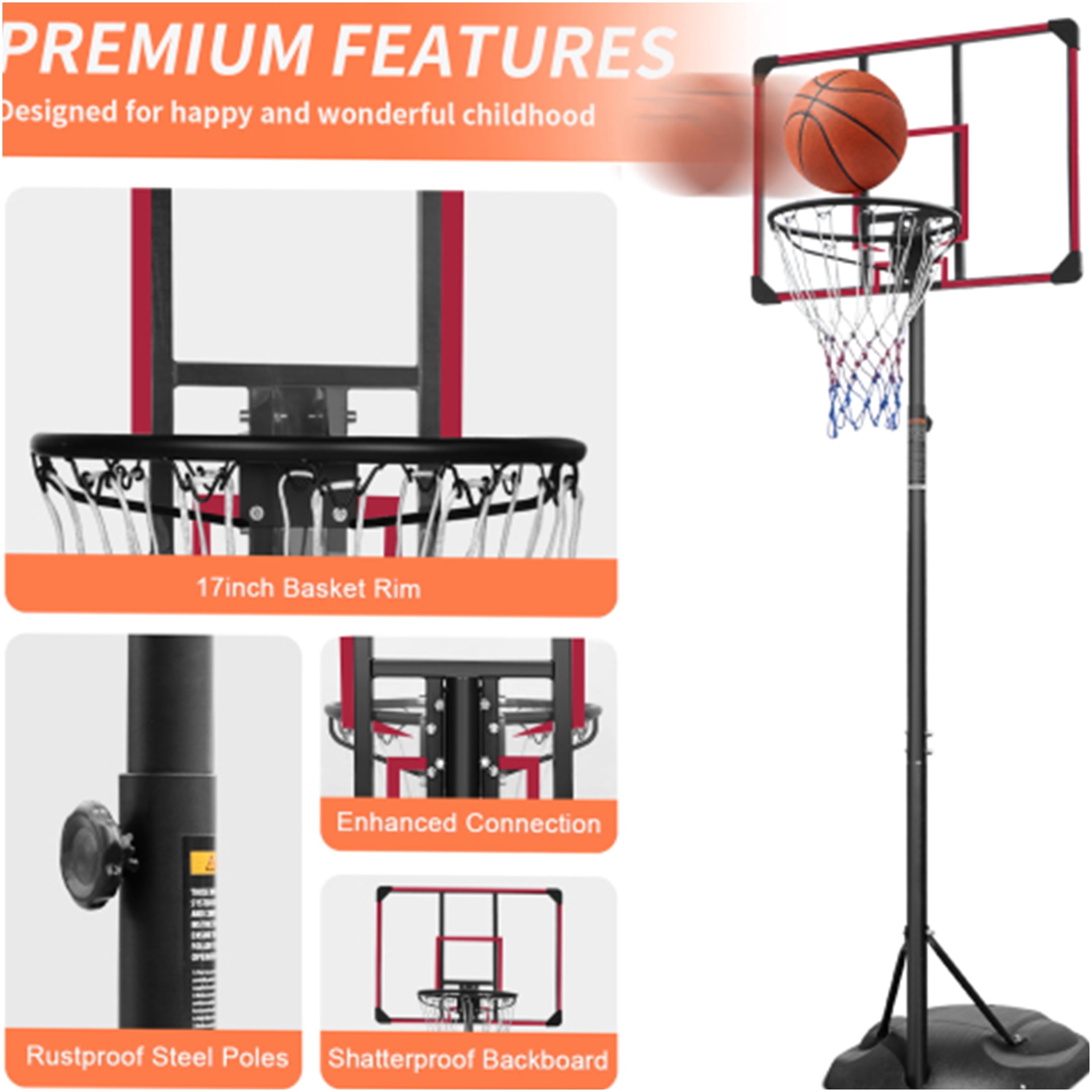 JERFIT 7.5ft-9.2ft Adjustable Basketball Hoop for Kids & Adults, Portable Indoor/Outdoor Goal System with 32" Backboard, Black/Red