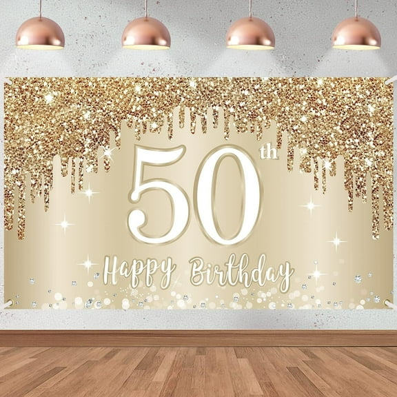 Happy 50th Birthday Banner Backdrop Decorations for Women, Gold White 50 Birthday Sign Party Supplies, Fifty Year Old Birthday Photo Booth Background Poster