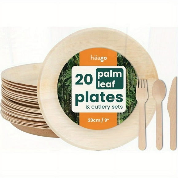 HLONK 20 Ensembles Assiettes Feuille de Palmier avec Couverts en Bambou 80 Unités 20 Assiettes Carrées 60 Fourchettes Cuillères Couteaux Mieux Que le Papier Plastique Bambou