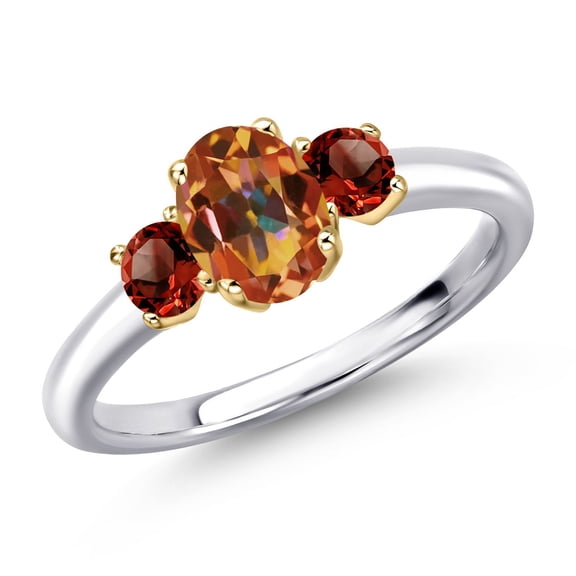 Gem Stone King 925 Silver and 10K Yellow Gold Ecstasy Mystic Topaz and Red Garnet Engagement Ring for Women | 1.40 Cttw | Oval 7X5MM | Gemstone November Birthstone | Size 8