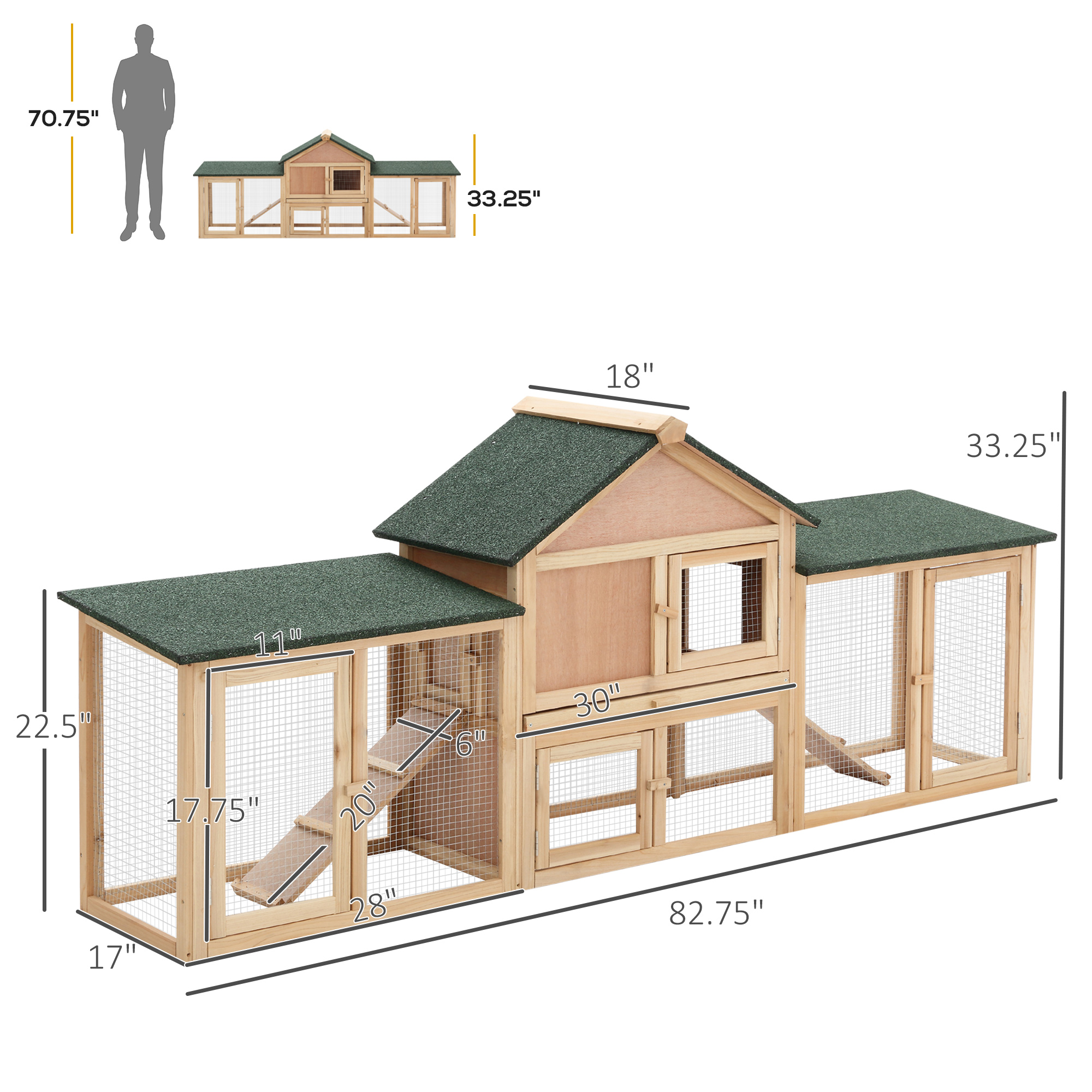 ZephyPaws Rabbit Hutch,83" Large Rabbit Cage Indoor Outdoor for Guinea Pig Cage,Chicken Coop,Bunny Cage with Deep Pull Out Tray,Waterproof Roof,Natural