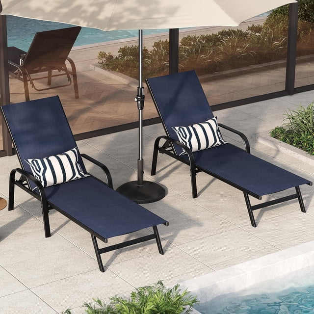 Outdoor Lounge Chair Set of 2 – Adjustable Patio Reclining Chaise with Textilene Fabric & 5-Position Backrest, Navy Blue for Patio, Garden, Poolside & Balcony