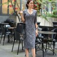 thumbnail image 4 of H Han Queen-vestido de tubo de encaje ahuecado de longitud media con cuello en V para mujer, vestido de fiesta de noche Simple elegante, moda de otoño, gran oferta, 4 of 4