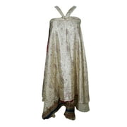 Mogul Beige Silk Sari Wrap Skirt Two Layer Reversible Elegant Printed Gypsy Wrap Around Skirts