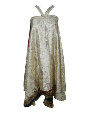 Mogul Beige Silk Sari Wrap Skirt Two Layer Reversible Elegant Printed Gypsy Wrap Around Skirts