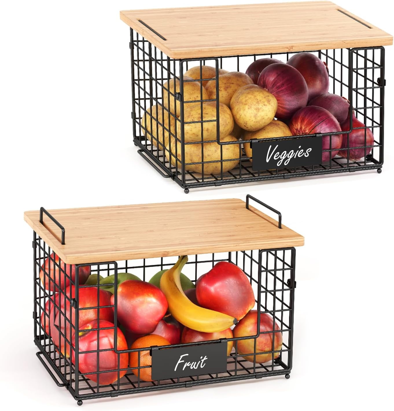 XCOSRACK 2-Pack XXL Stackable Wire Baskets with Bamboo Tops, Heavy Duty Kitchen Counter Organizer for Fruit, Vegetable, Potato & Onion Storage, Includes Cutting Boards, Shelf Liners & Nameplates
