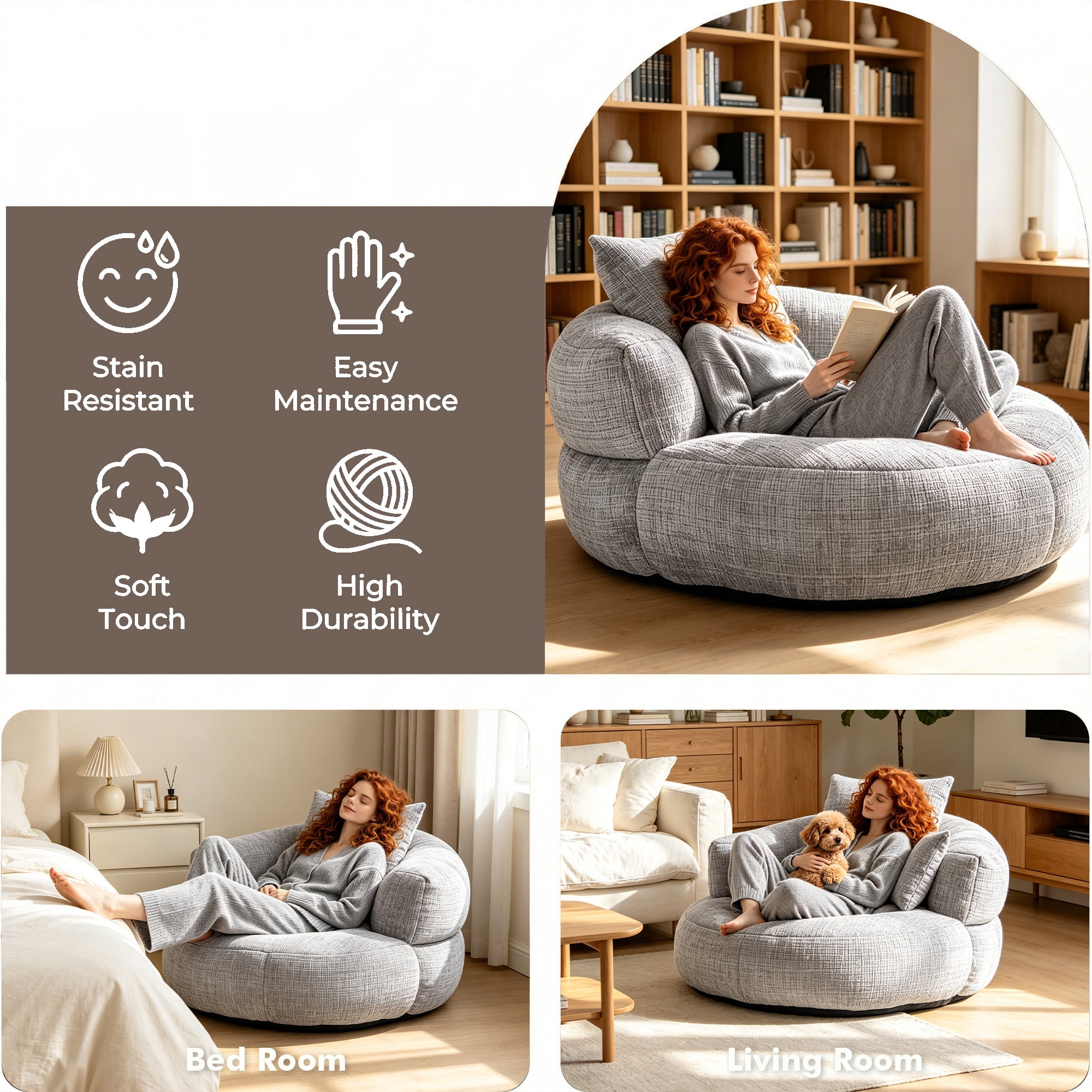 MOONMISS Oversized Bean Bag Chair, Chenille Lazy Bean Bag Sofa with Wrap-Around Backrest & Pillows for Living Room,Light Gray