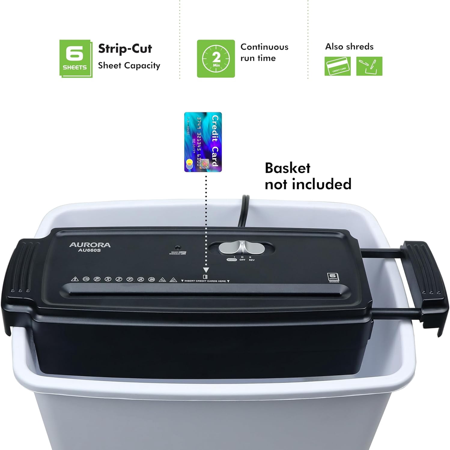 AU660S 6-Sheet Strip Cut Paper/Credit Card Shredder Without Wastebasket, Portable with Extendable Arm, Black