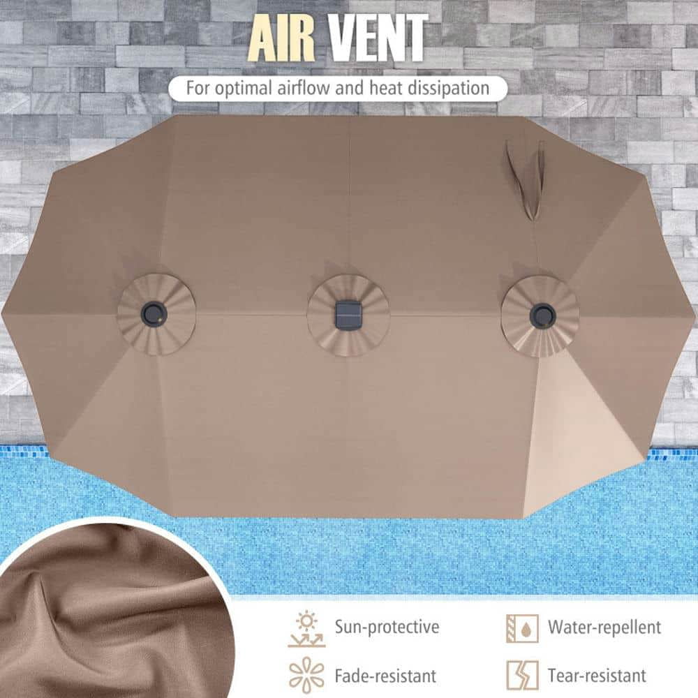 Demifill 15.5 FT Extra-Large Patio Umbrella, Outdoor Shade with LED Solar Lights and Crank Handle for Outdoor, Brown