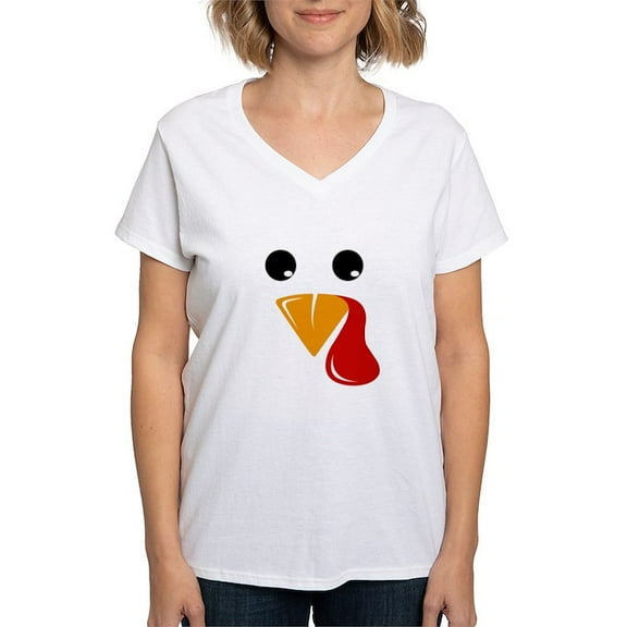 CafePress - Family Thanksgiving Day Turkey Face Women's V Neck T Shirt - Womens Cotton V-Neck T-shirt