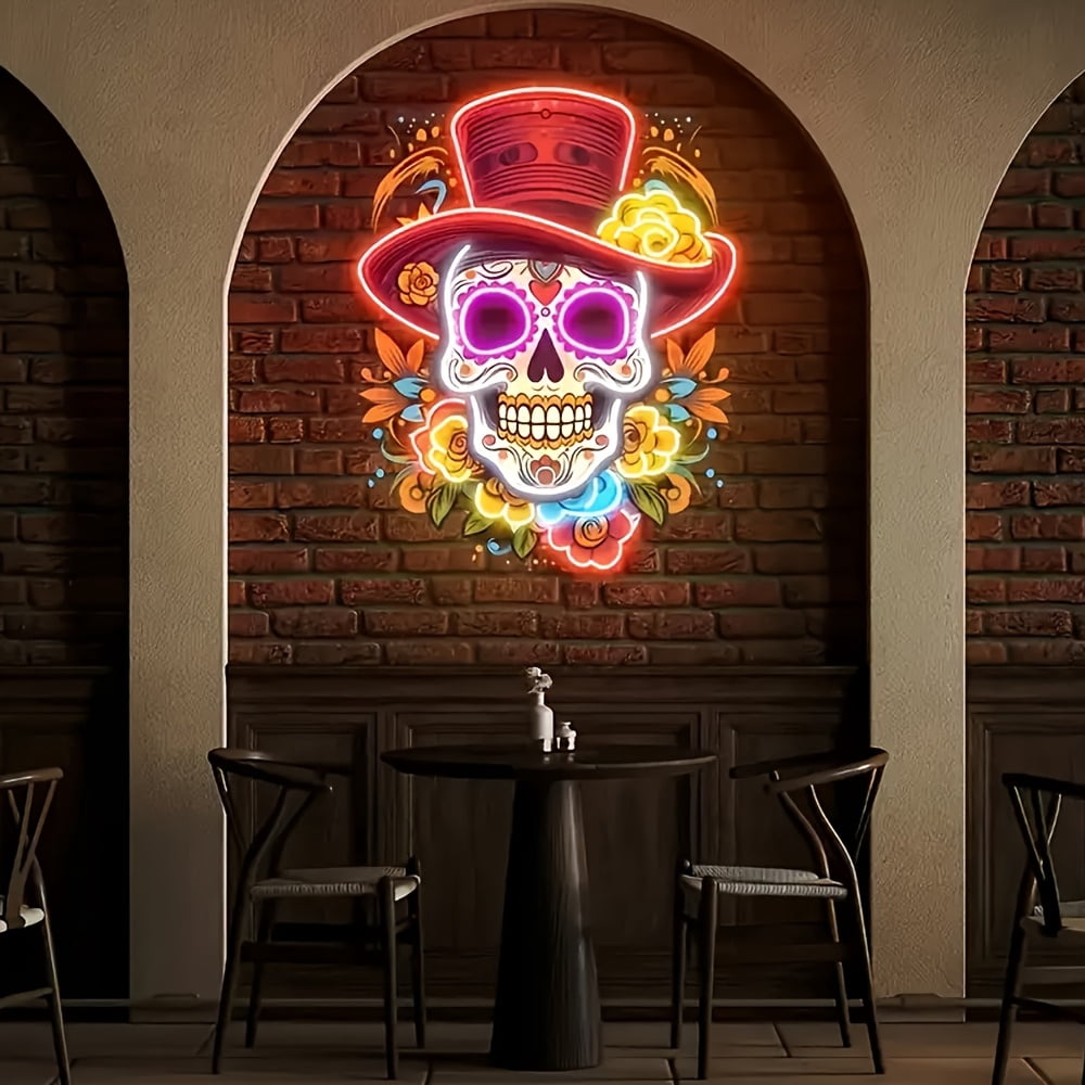 Mexican Day of the Dead Skull Neon Sign - USB-Powered Gothic Decor with Top Hat, Multicolor Lighting for Home/Bar/Restaurant, Durable Plastic, Festive UV Print Artwork