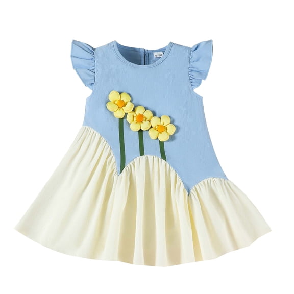 JAJAHO Toddler Baby Girls Dresses Flutter Sleeve Floral Color Block Ruffle Pleated Flowy Sundress 6M-3Y