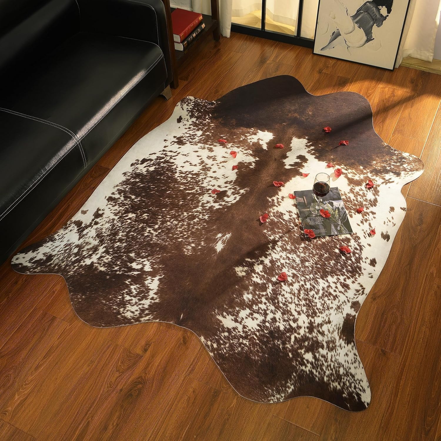 Grand Tapis En Peau De Vache Naturelle, Couleur Marron Et Blanc, 7 Pieds, Neuf Avec étiquettes