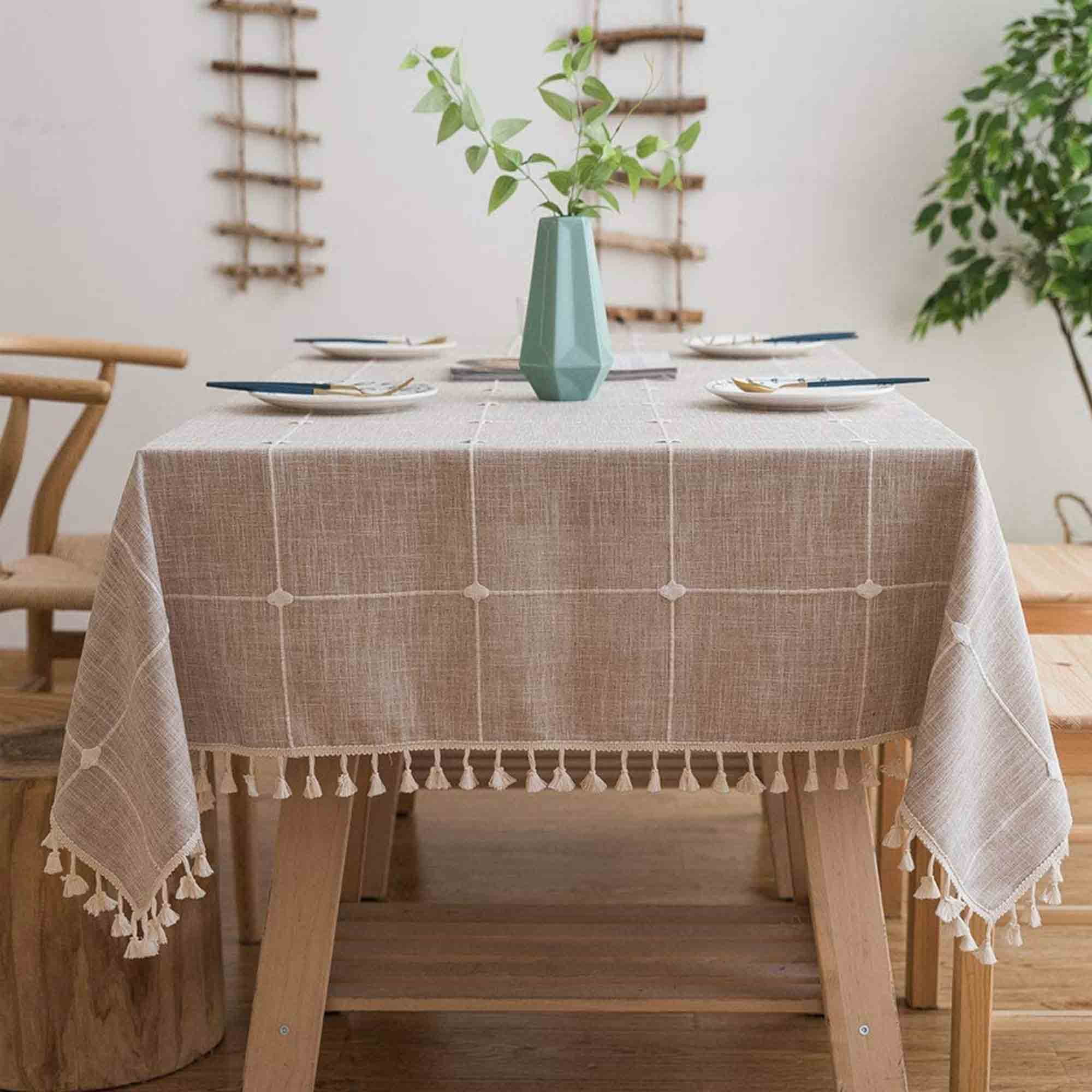 Juyafio Rectangle Tablecloth Tassel Cotton Linen Table Cover DustProof Washable for Party