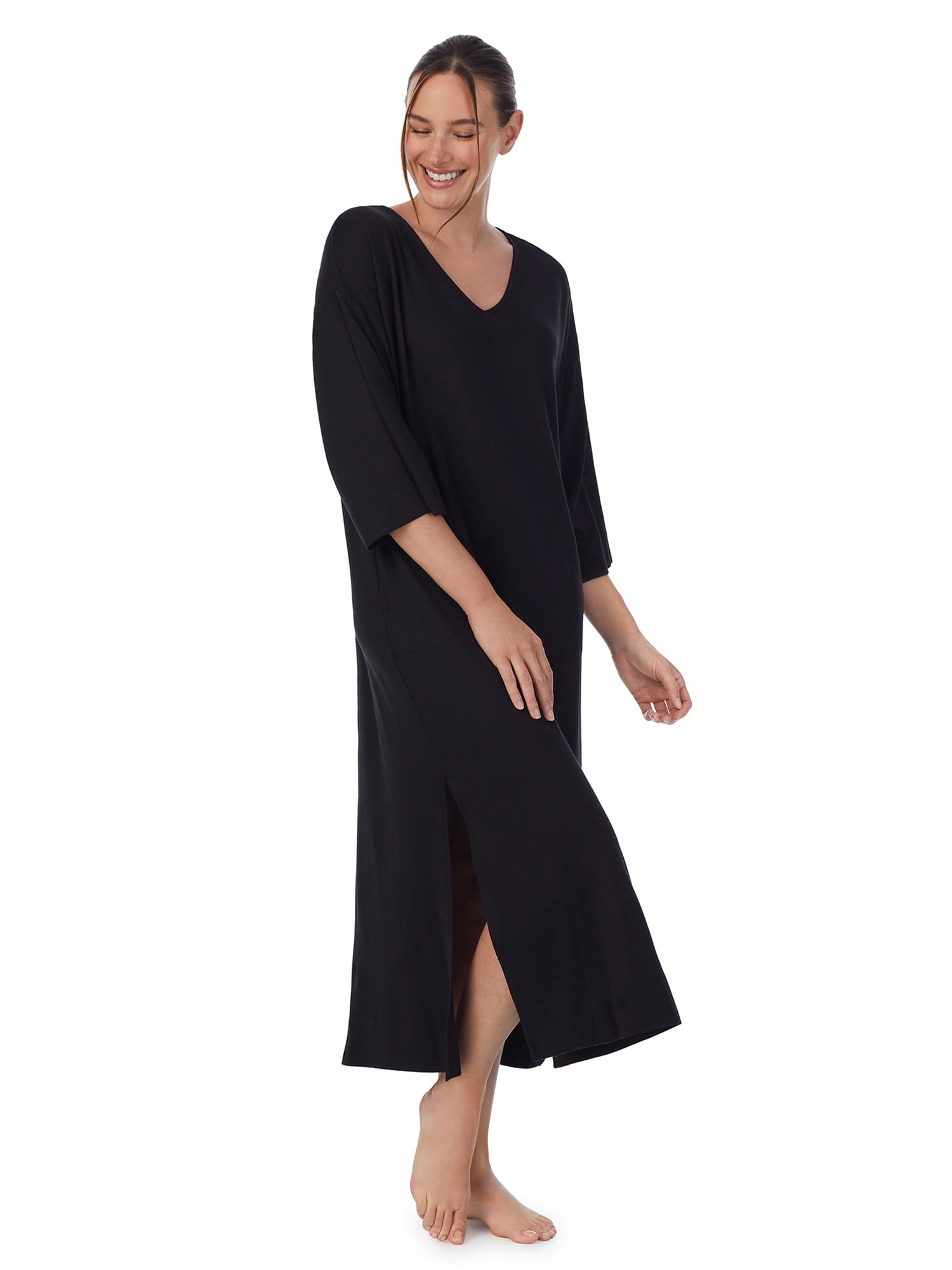 Aria Women's Sweater Knit 3/4 Sleeve V-Neck Lounger Nightgown with Pockets, Sizes XS to 5X