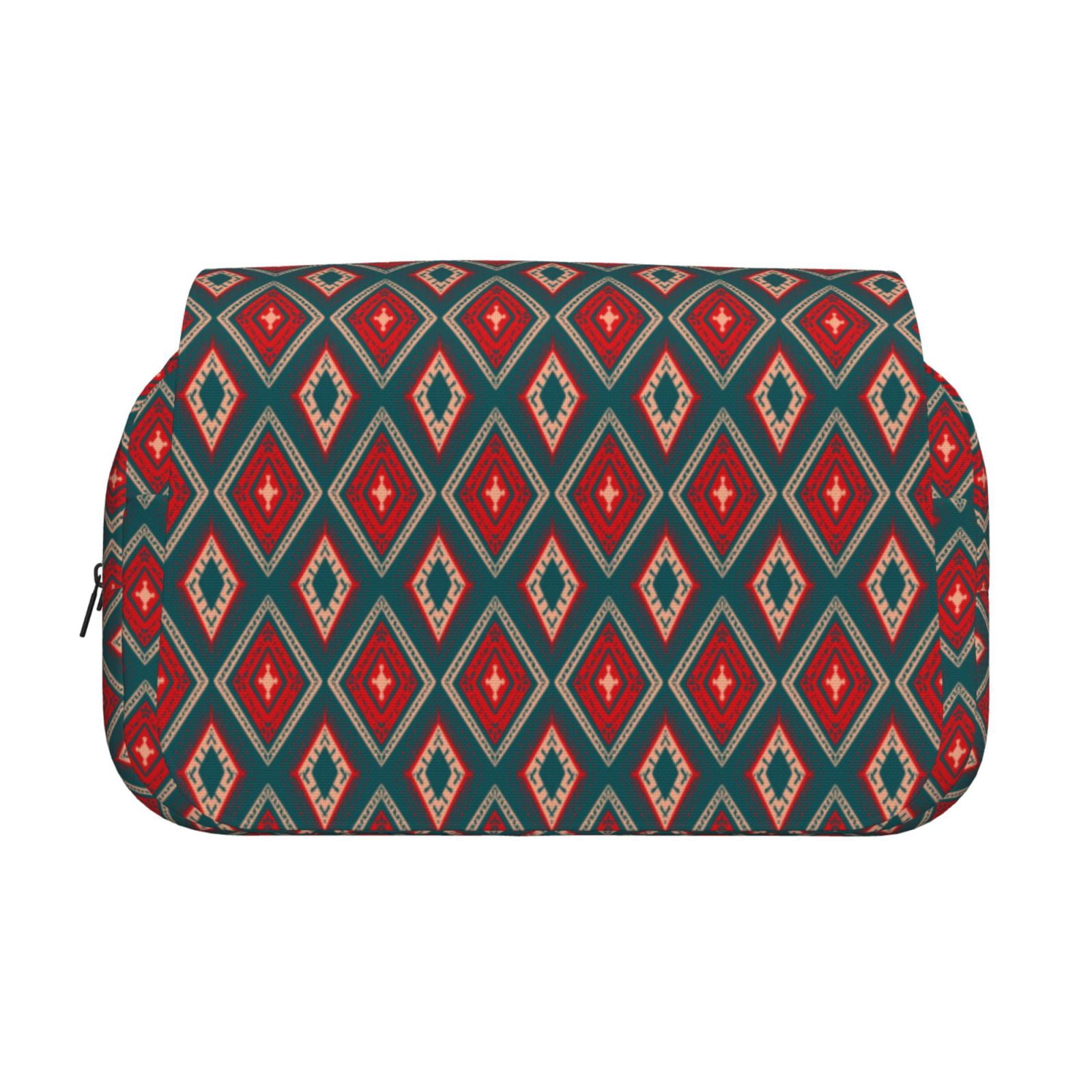Rateoe Red And Orange On Blue Teal Pattern Double Clamshell Pen Case, Storage Organizer with Two Zipper Compartments– Holds Up to 50 Pencils & Pens