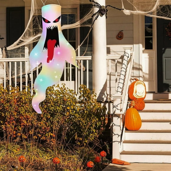 YIMWNYI Halloween Ghost Windsocks Décorations Suspendues, Lumières LED, Décorations de Jardin Extérieur, Fournitures de Fête d'Halloween, Décor de Porche Hanté, Polyester Léger et Durable