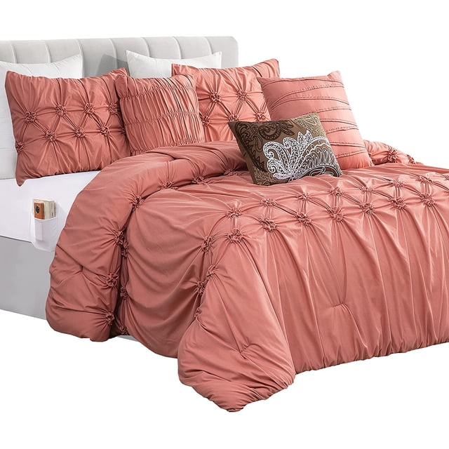 Comforter Set - Ella Pleated Ruched Bed-in-a-Bag with Smart Sheet Set and Matching Decorative Pillows - 12-Piece Set, Full/Queen, Dusty Rose