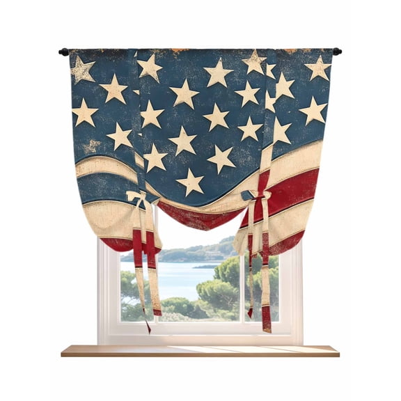 Vintage American Flag Tie Up Curtains for Windows 45 Inch Length Balloon Curtains Kitchen Adjustable Balloon Window Shade Blue Red White Star US Flag Tie Up Valance Bathroom Curtain Window 52"x45"
