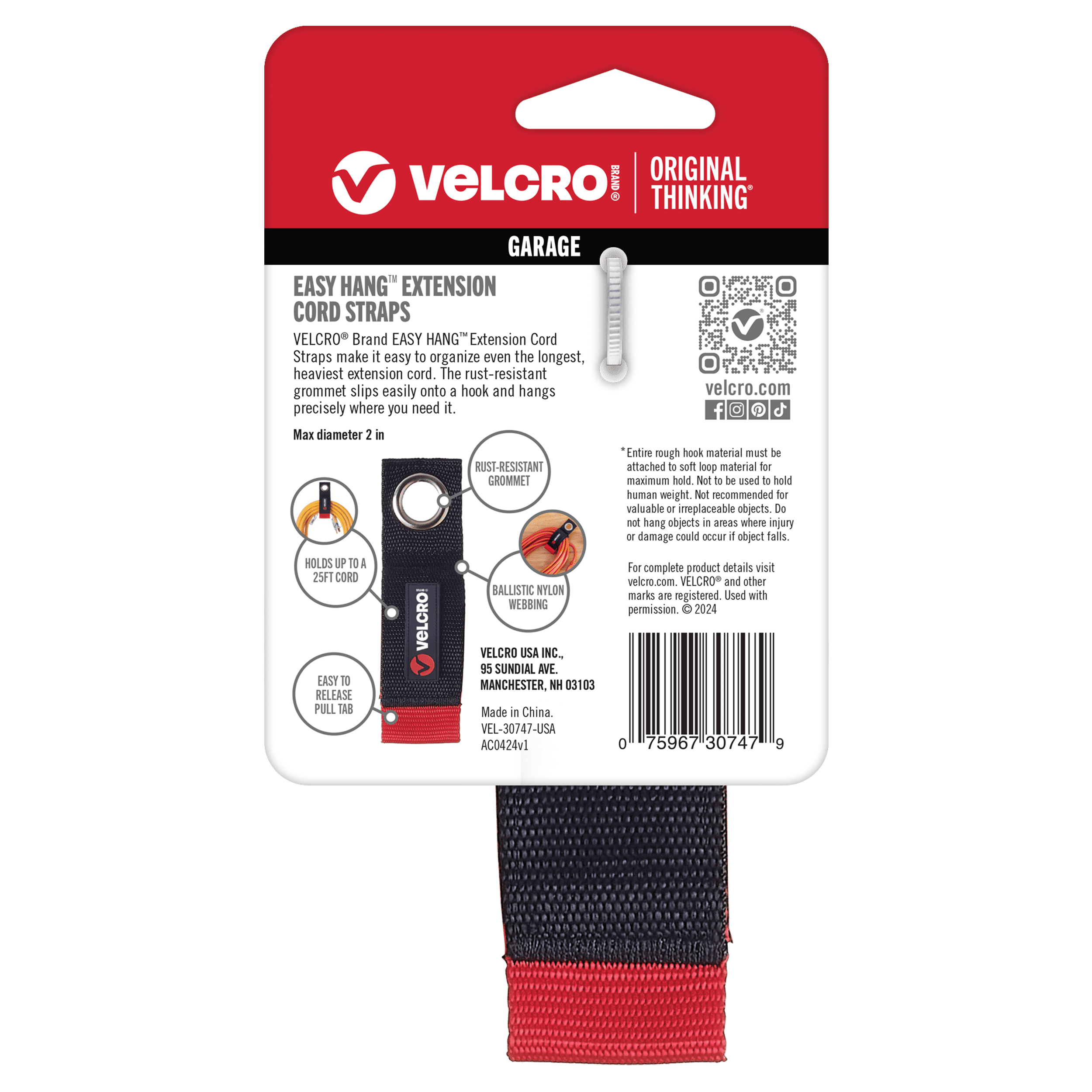 VELCRO Brand EASY HANG Extension Cord Organizer, 2pk Black Heavy Duty Nylon & Polyethylene Straps for Bulk Storage, Small 10 in Wall Hang, Holds 60lbs