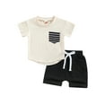 thumbnail image 2 of Toddler Baby Boy Summer Clothes Short Sleeve Striped Pocket Tshirt Top Solid Shorts Set Casual Outfits, 2 of 9