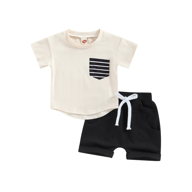 ZAXARRA Ensemble de Shorts pour Garçons, T-shirt à Manches Courtes Col Rond Rayé avec Shorts à Taille Élastique Tenue d'Été