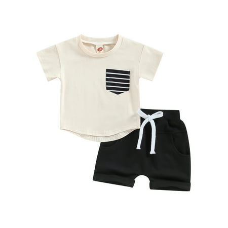 

Xingqing Kids Baby Boys Outfits Set Short Sleeve Stripes T-shirt Tops with Casual Shorts Summer Clothes Suit Apricot 6-12 Months