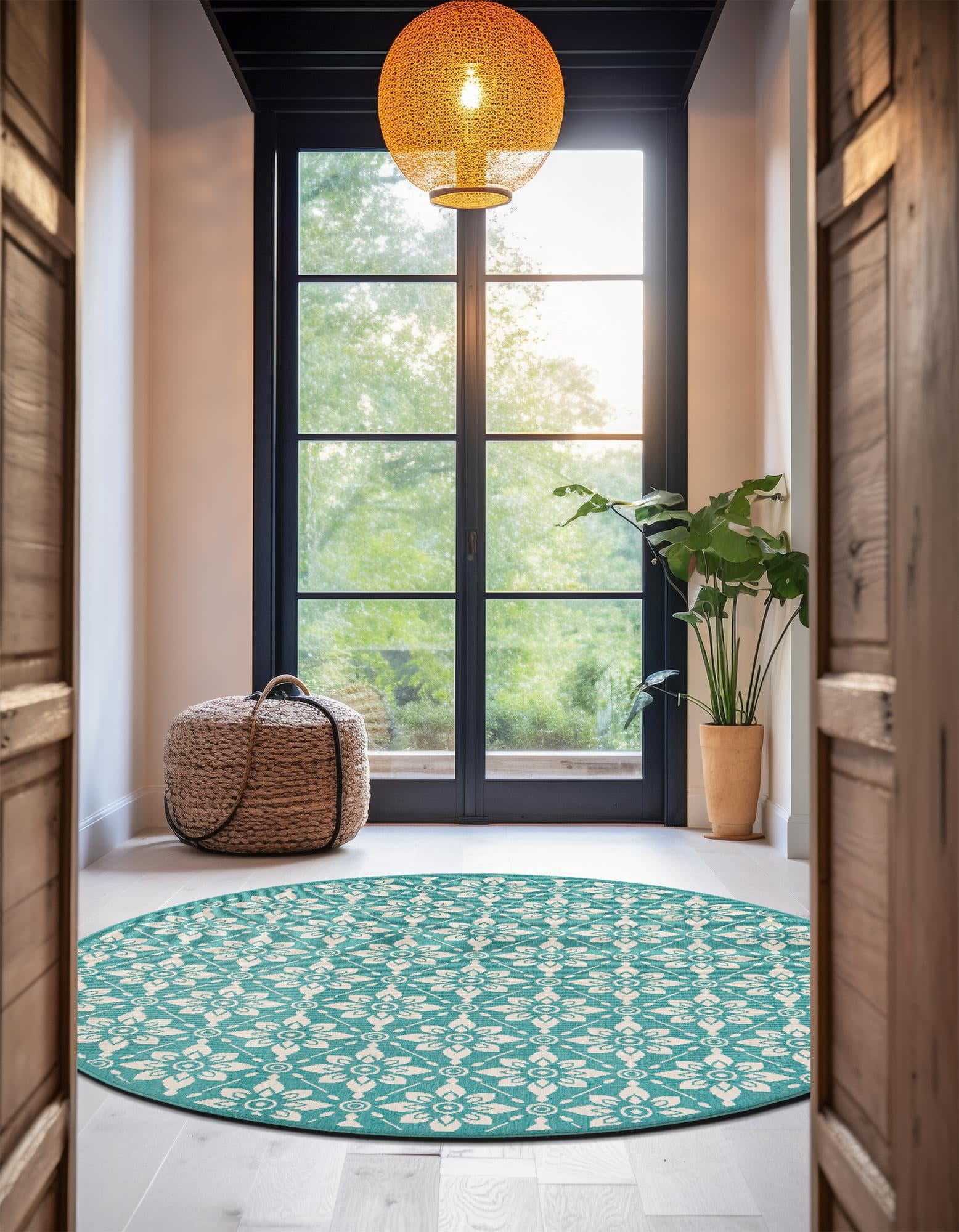 Unique Loom Outdoor Trellis Collection Area Rug - Tiles (7' 10" Round Teal/Ivory)