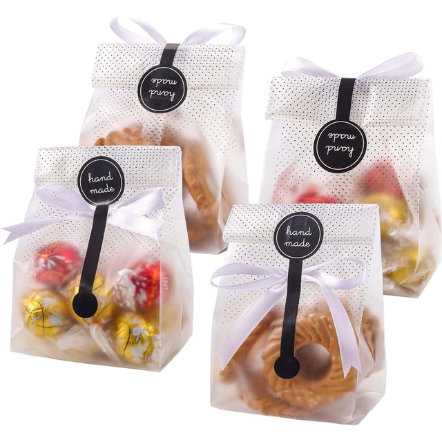 Yunko 100 Pack Translucent Plastic Bags for Cookie,Cake,Chocolate,Candy,Snack Wrapping Good for Bakery Party with Stickers