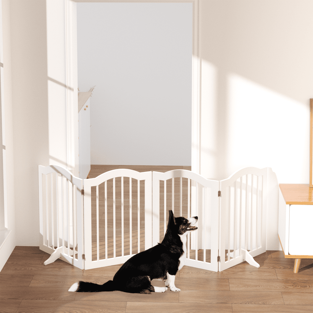 Oufan 27.6" Height Tall Freestanding Pet Gate, 4 Panels Foldable Dog Gate, Solid Wood Folding Safety Fence with 2 pcs Support Feet Ideal for Stairs, Doorways, Halls, Kitchens, Heavy Duty Gat , White